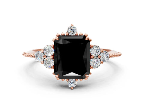 Rose gold Fancy Black Radiant Cut Brilliant Diamond with Cluster Setting on a Beaded Band and Four-Prong Setting