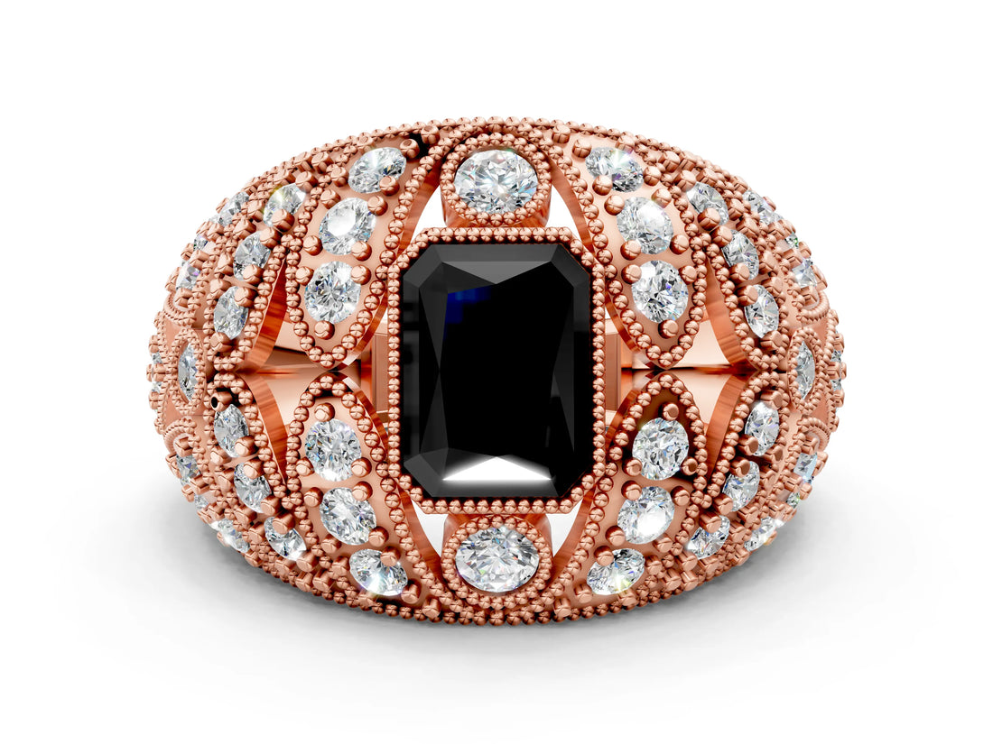 Rose gold Fancy Black Radiant Cut Brilliant Halo Pave Diamond Milgrain Ring