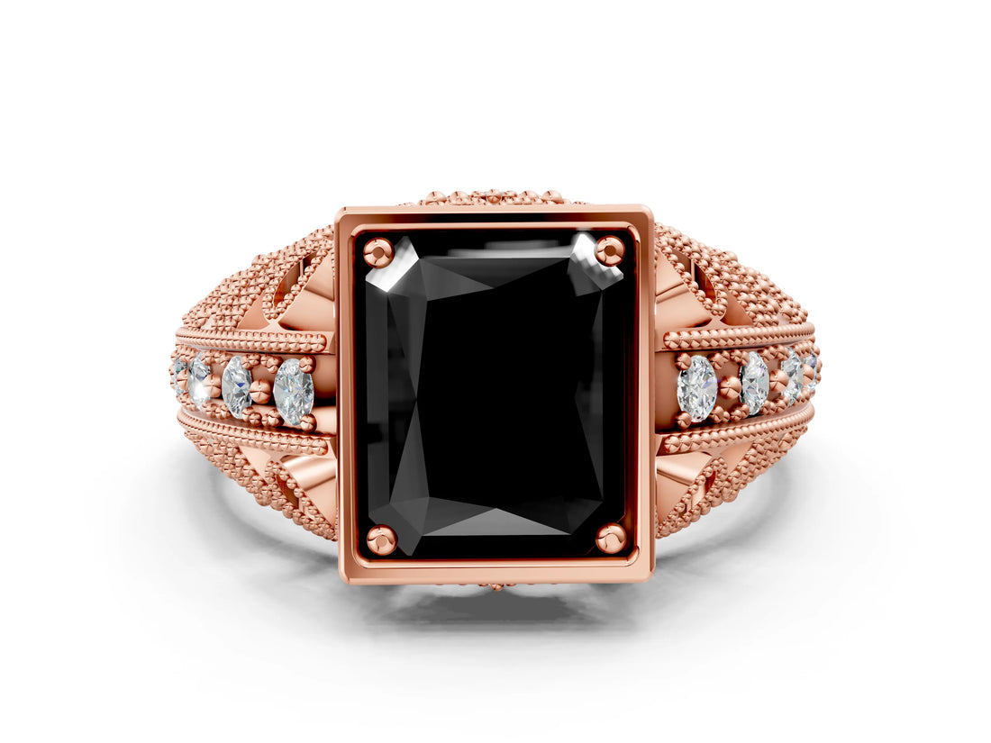 Rose gold Fancy Black Radiant Cut Brilliant Milgrain Filigree Diamond Ring with Square Prong Setting