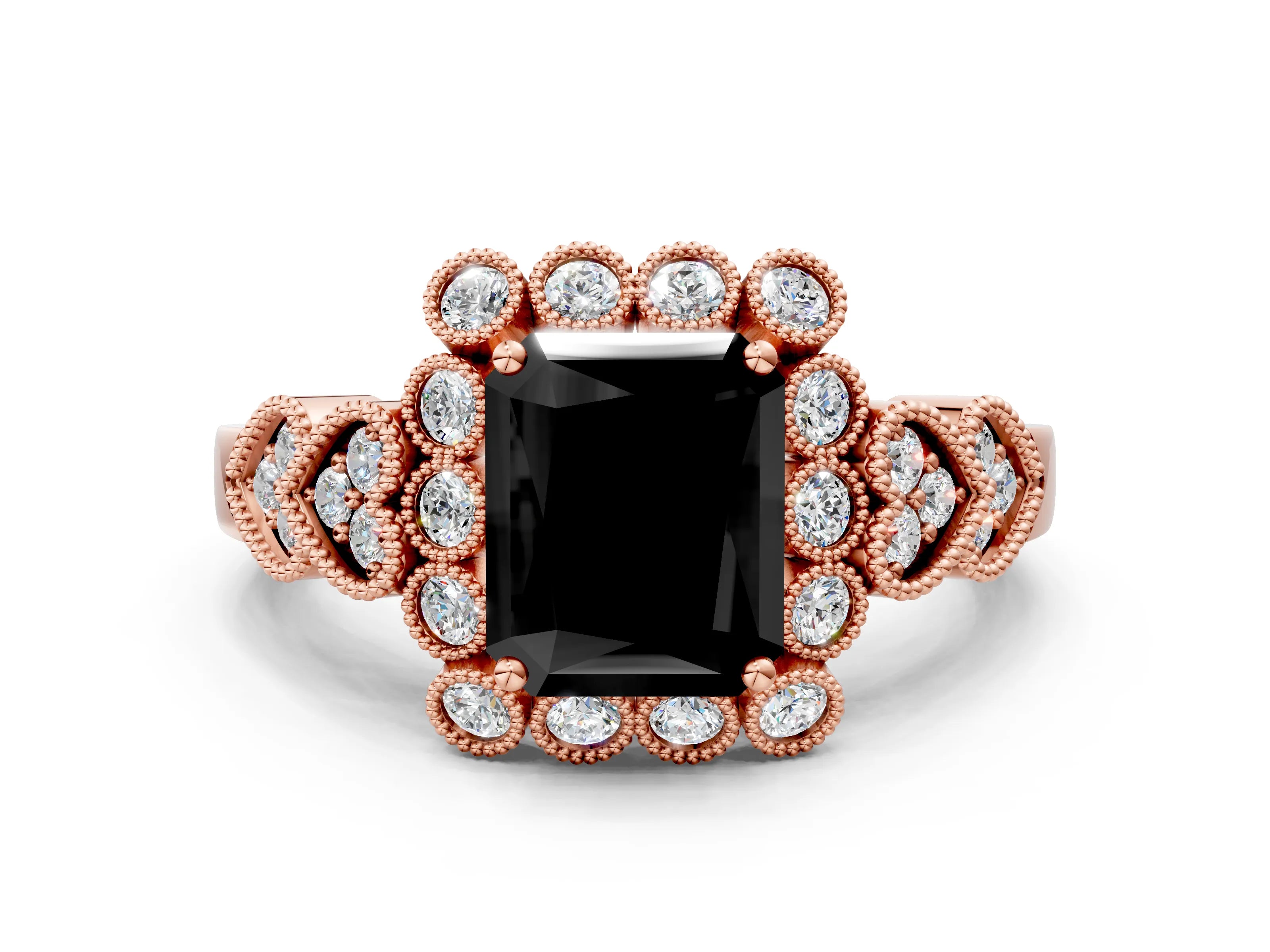 Rose gold Fancy Black Radiant Cut Brilliant Milgrain Pave Heart Band Solitaire Ring
