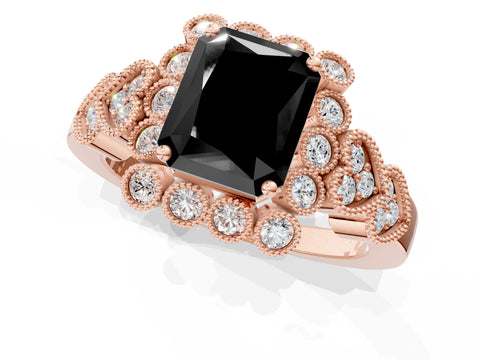 Rose gold Fancy Black Radiant Cut Brilliant Milgrain Pave Heart Band Solitaire Ring_1
