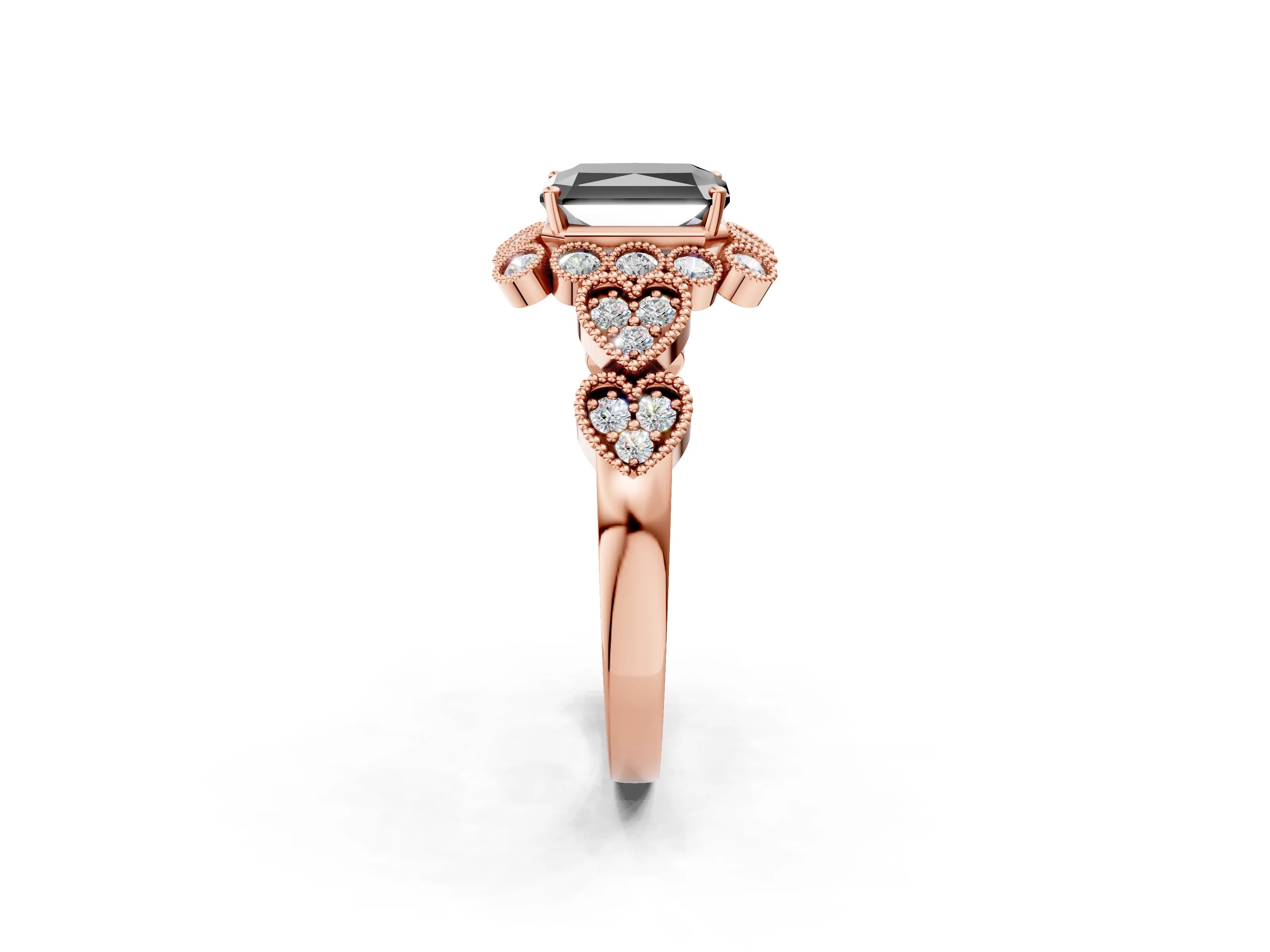 Rose gold Fancy Black Radiant Cut Brilliant Milgrain Pave Heart Band Solitaire Ring_2