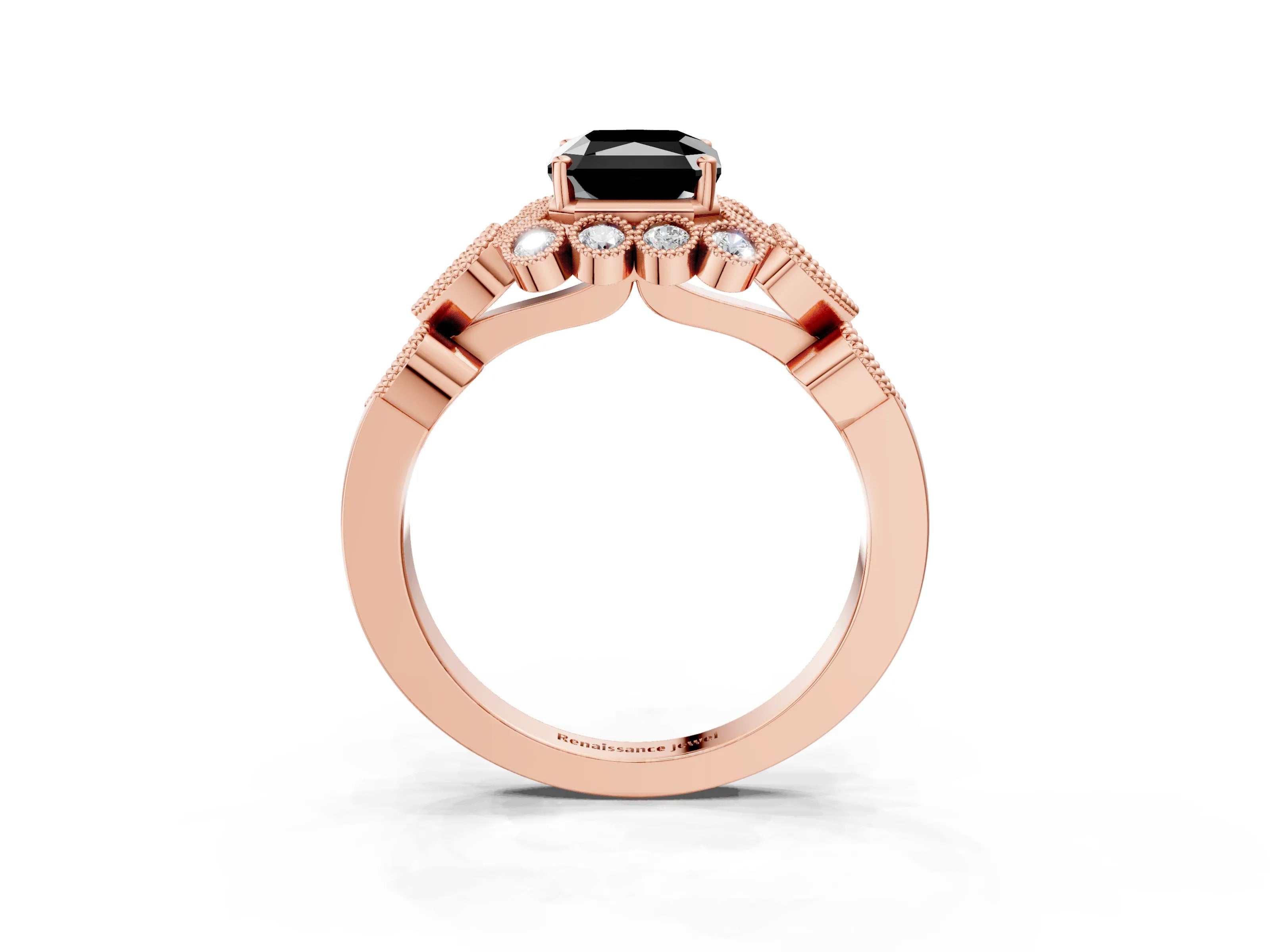 Rose gold Fancy Black Radiant Cut Brilliant Milgrain Pave Heart Band Solitaire Ring_3