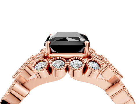 Rose gold Fancy Black Radiant Cut Brilliant Milgrain Pave Heart Band Solitaire Ring_4