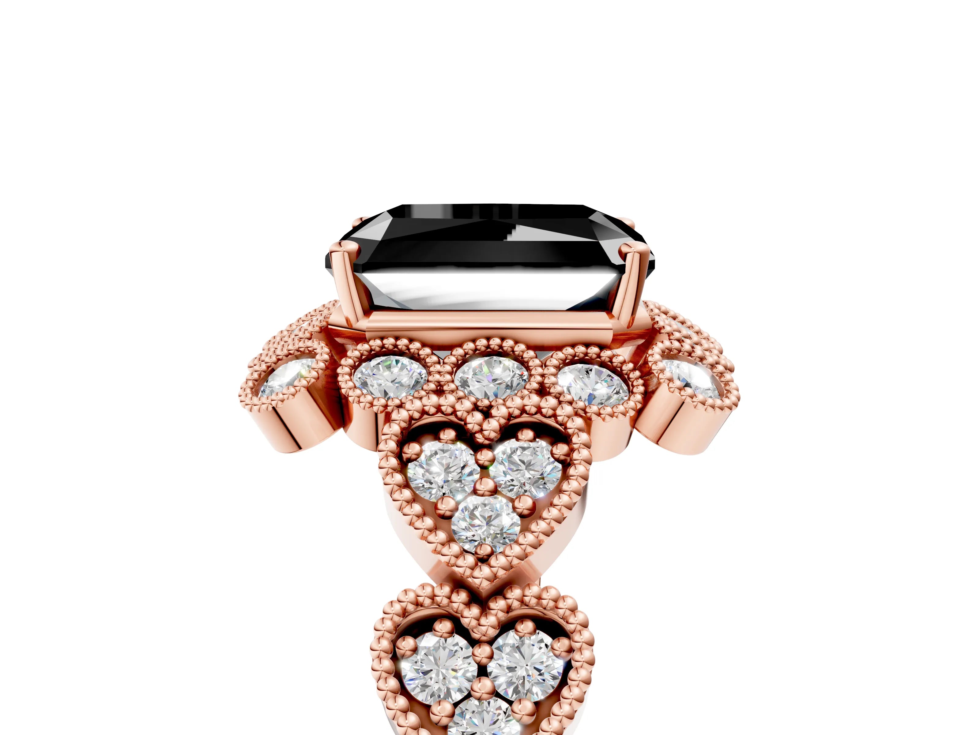 Rose gold Fancy Black Radiant Cut Brilliant Milgrain Pave Heart Band Solitaire Ring_5
