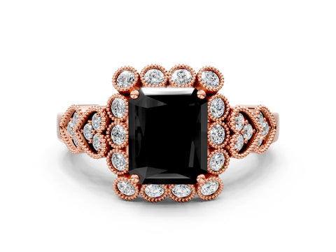 Rose gold Fancy Black Radiant Cut Brilliant Milgrain Pave Heart Band Solitaire Ring