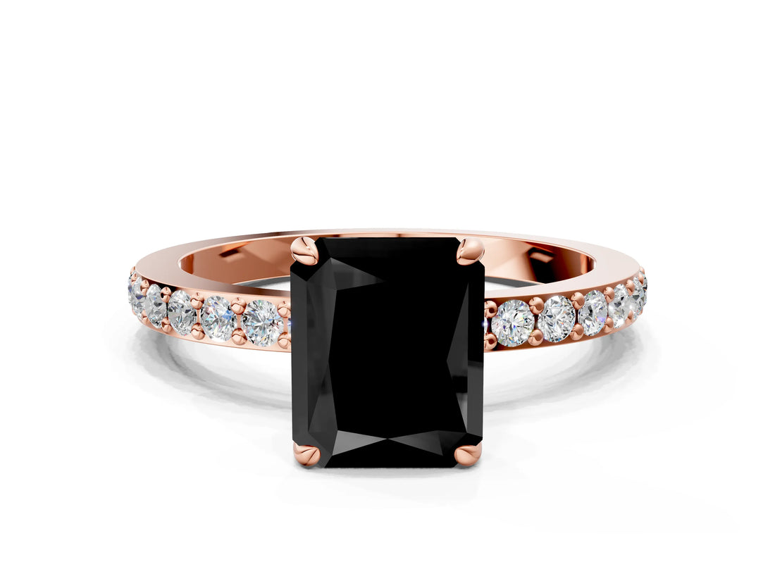 Rose gold Fancy Black Radiant Cut Brilliant Pavé Band Solitaire with Four-Prong Setting