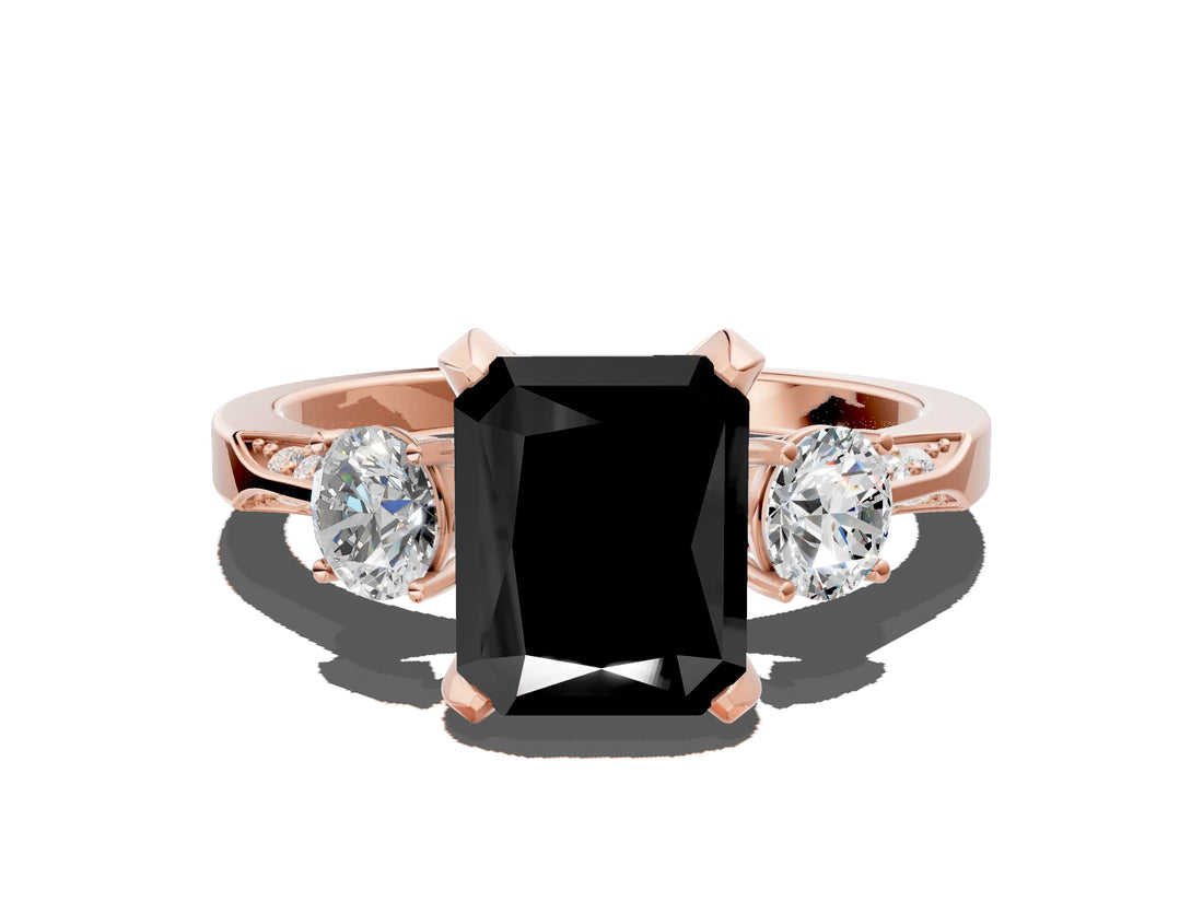 Rose gold Fancy Black Radiant Cut Brilliant Three-Stone Diamond Ring with Pavé Band and Four-Prong Setting_3