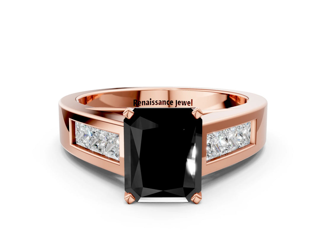 Rose gold Fancy Black Radiant Cut Cut Channel Set Solitaire Ring with Four-Prong Setting