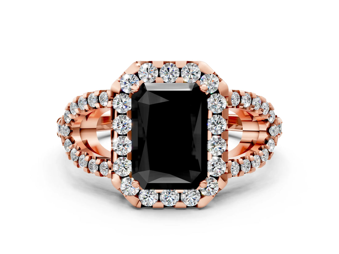 Rose gold Fancy Black Radiant Cut Cut Diamond Halo Engagement Ring with Open Split Pavé Band
