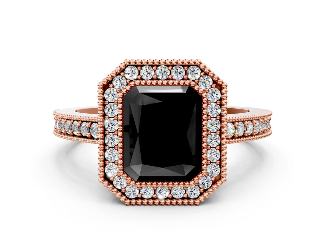 Rose gold Fancy Black Radiant Cut-Cut Diamond Halo Engagement Ring with Pave Band and Prong Setting