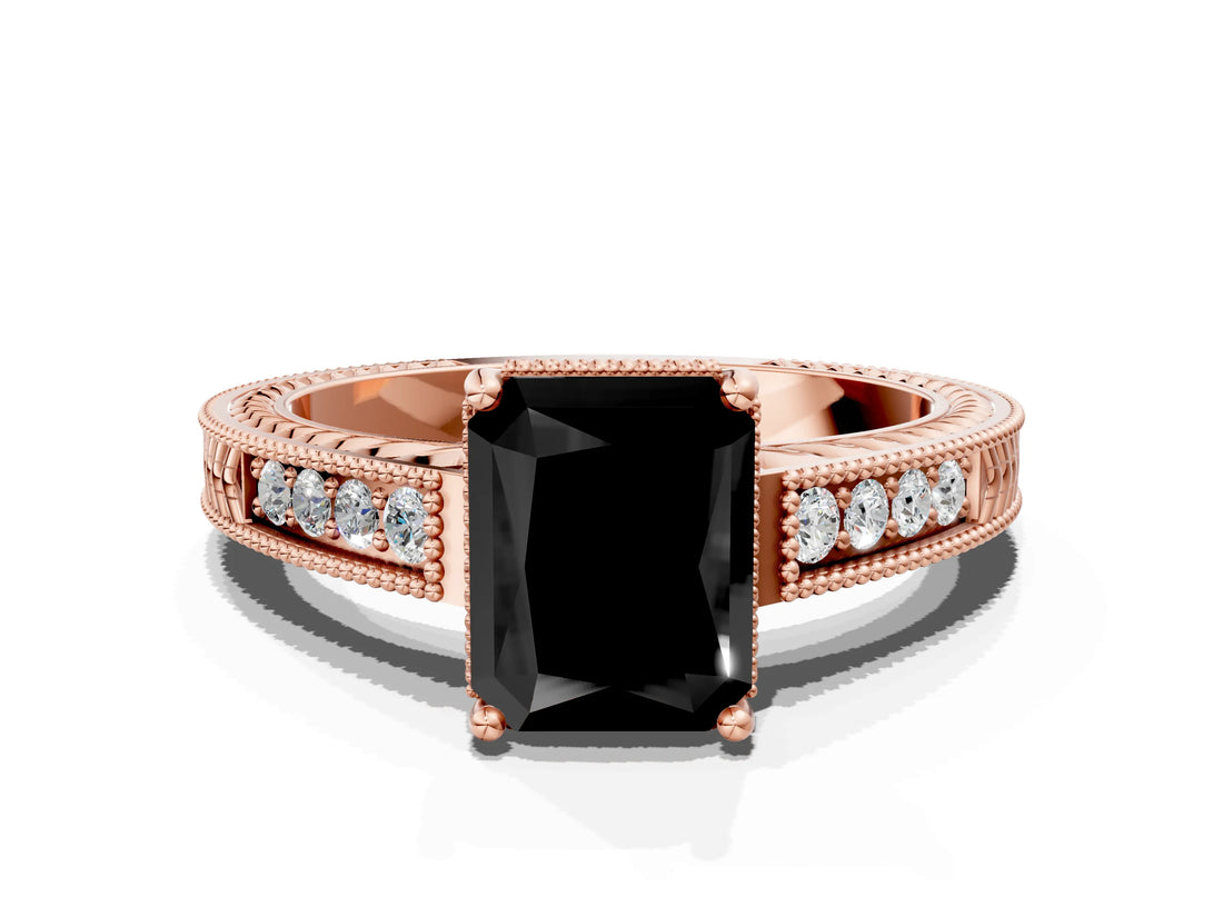 Rose gold Fancy Black Radiant Cut Cut Diamond Milgrain Pave Band Four-Prong Setting Ring_3