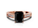 Rose gold Fancy Black Radiant Cut Cut Diamond Milgrain Pave Band Four-Prong Setting Ring_3