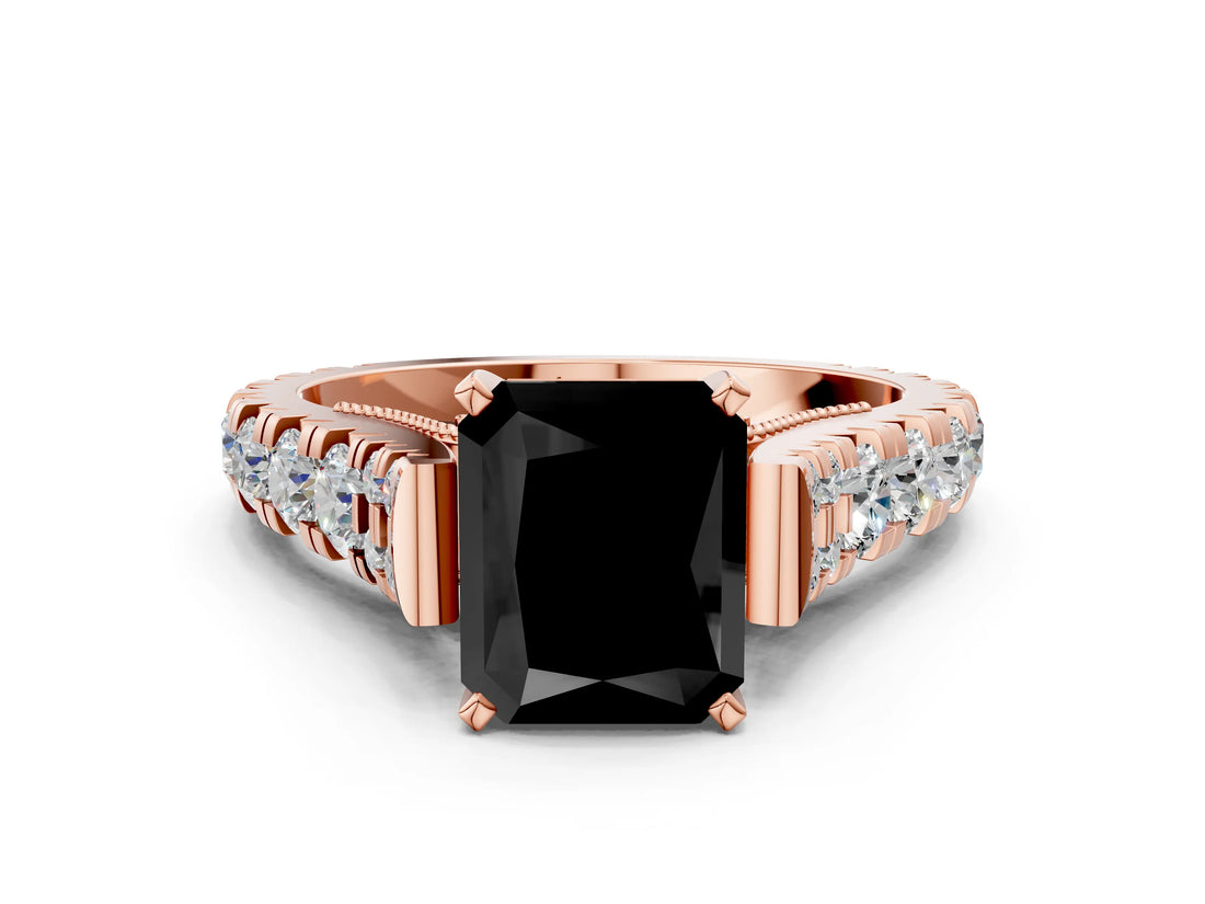 Rose gold Fancy Black Radiant Cut Cut Diamond Pavé Band Solitaire with Four-Prong Setting