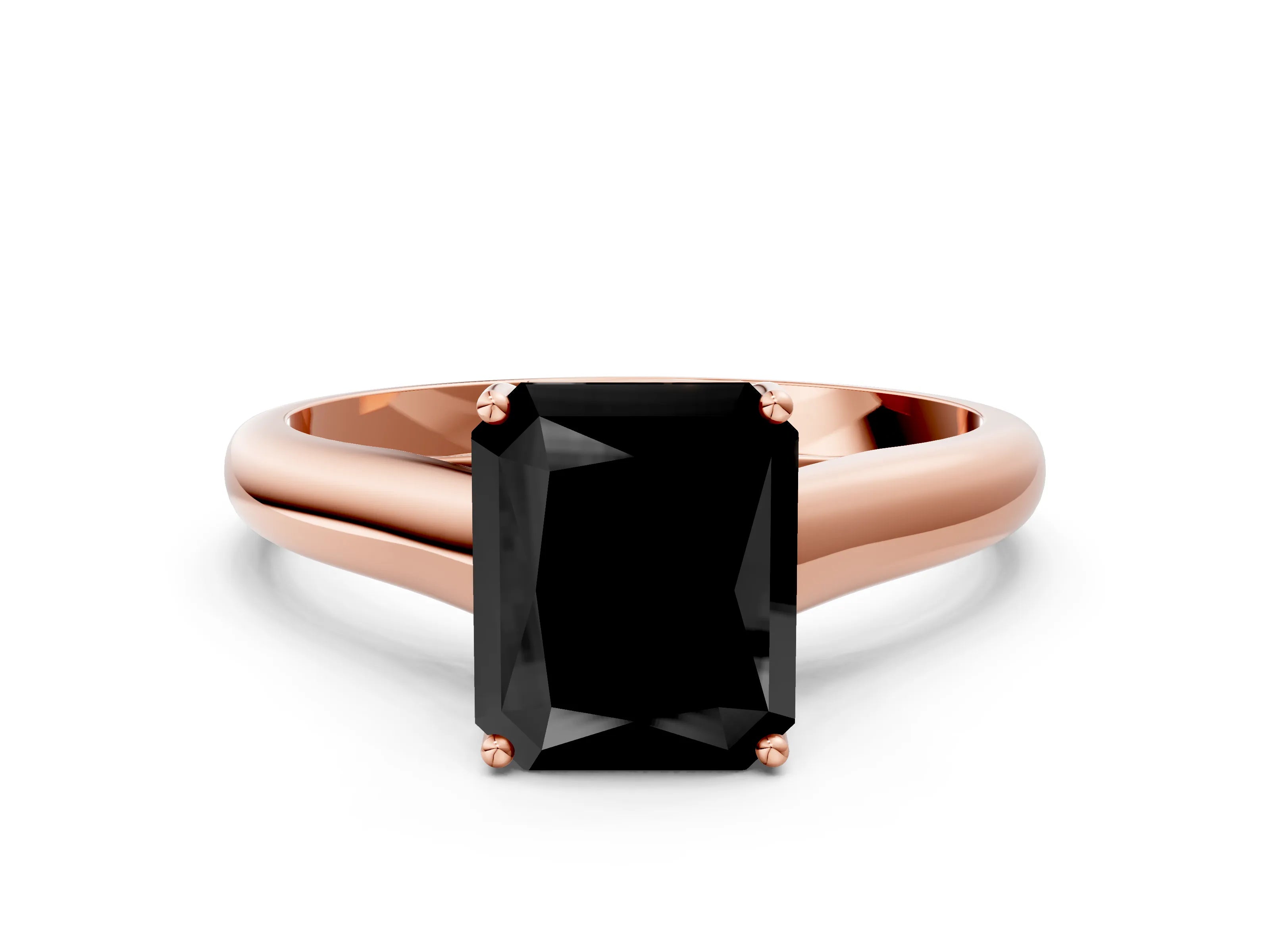 Rose gold Fancy Black Radiant Cut Cut Diamond Solitaire Engagement Ring with Tapered Plain Band and Four-Prong Setting