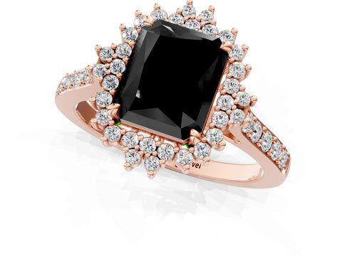 Rose gold Fancy Black Radiant Cut Cut Diamond Sunburst Halo Engagement Ring with Pavé Band_1