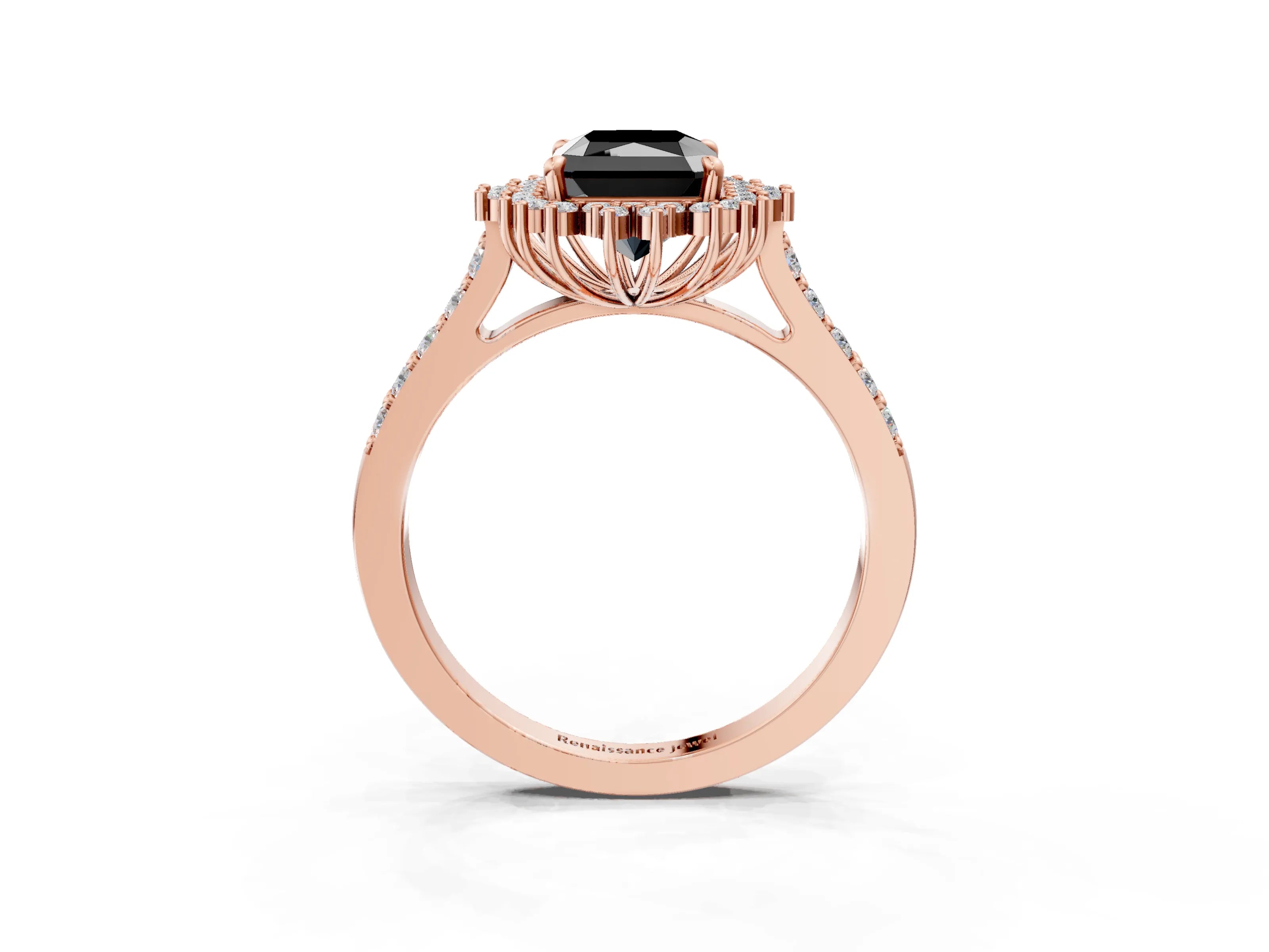 Rose gold Fancy Black Radiant Cut Cut Diamond Sunburst Halo Engagement Ring with Pavé Band_3