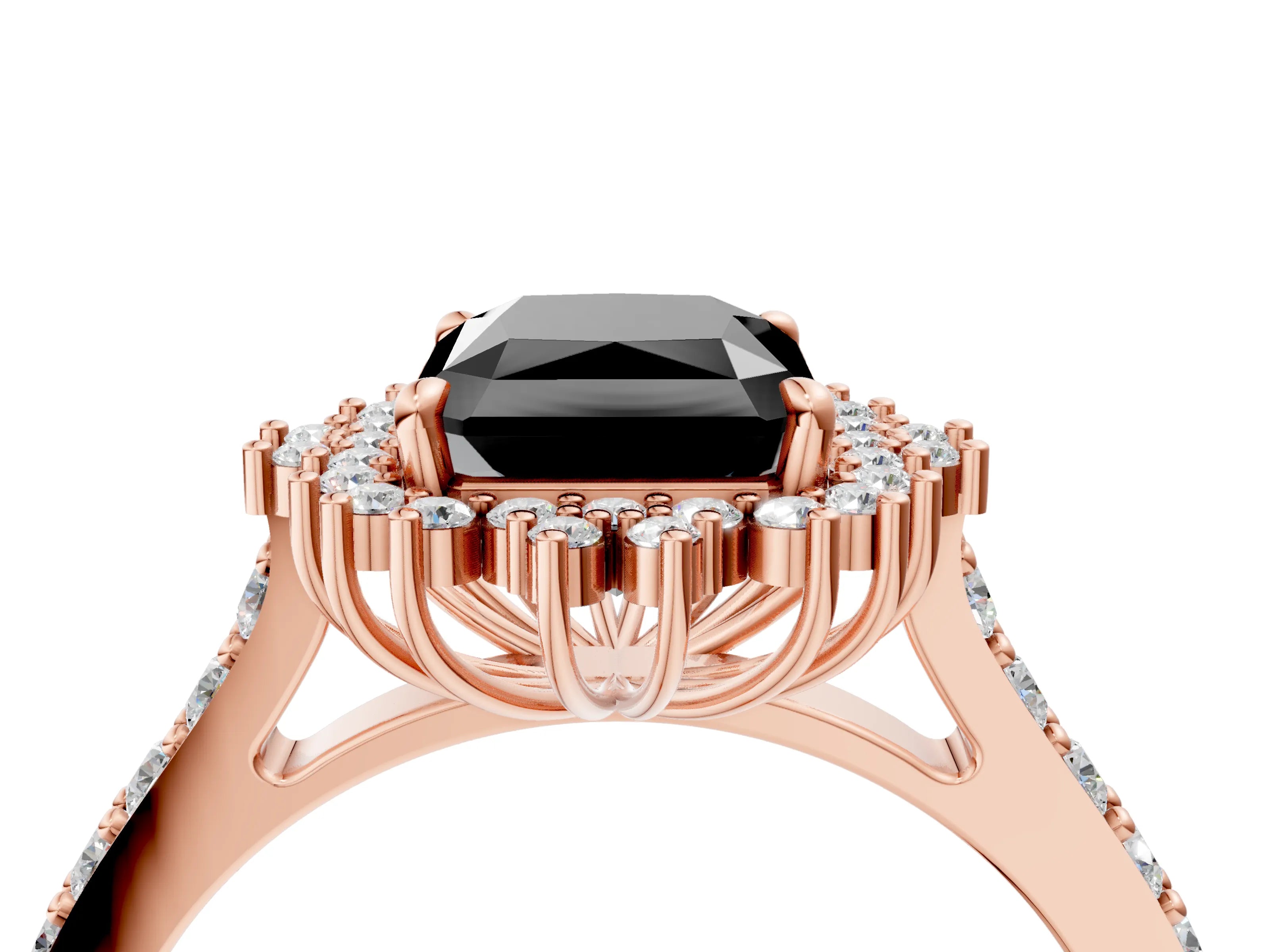 Rose gold Fancy Black Radiant Cut Cut Diamond Sunburst Halo Engagement Ring with Pavé Band_4