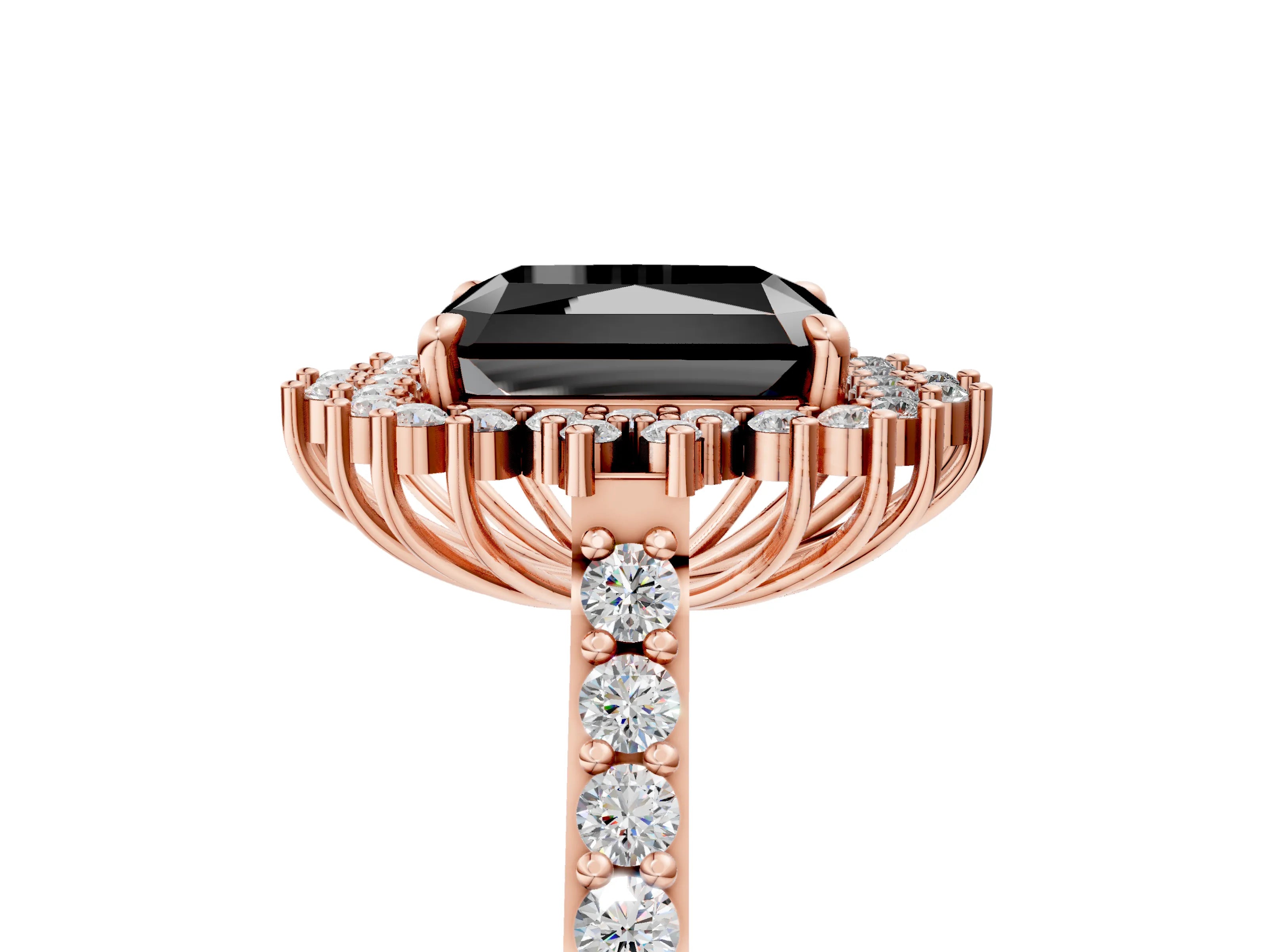 Rose gold Fancy Black Radiant Cut Cut Diamond Sunburst Halo Engagement Ring with Pavé Band_5