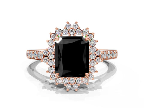 Rose gold Fancy Black Radiant Cut Cut Diamond Sunburst Halo Engagement Ring with Pavé Band