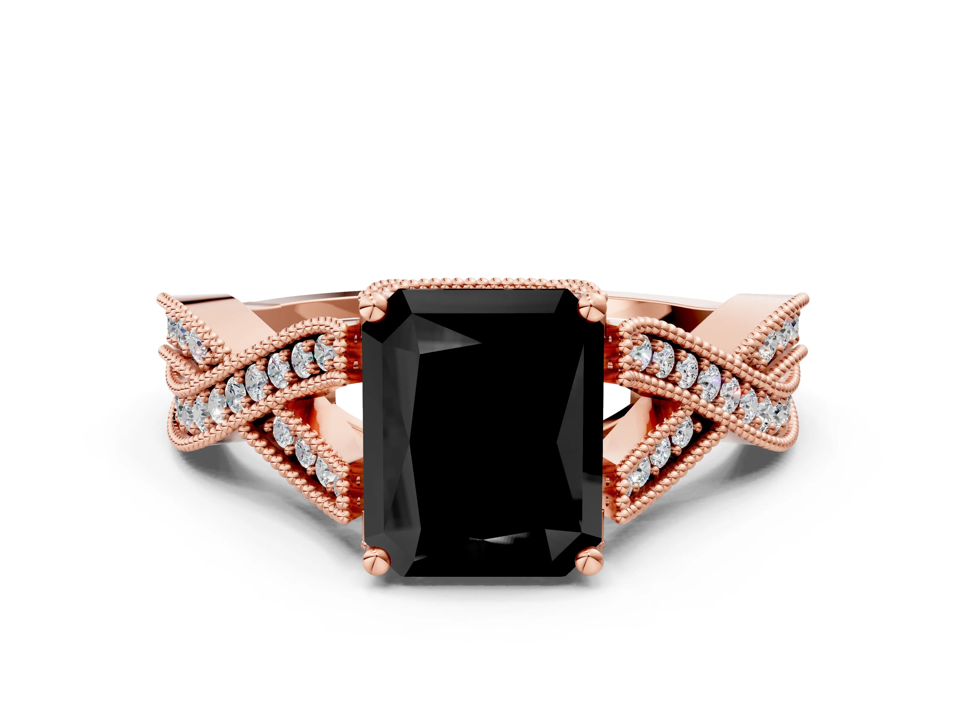 Rose gold Fancy Black Radiant Cut Cut Diamond Twisted Band with Milgrain Pave Setting and Four-Prong Setting