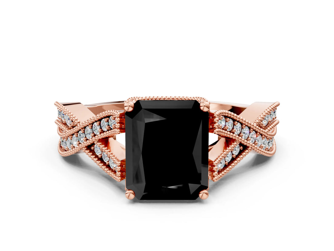 Rose gold Fancy Black Radiant Cut Cut Diamond Twisted Band with Milgrain Pave Setting and Four-Prong Setting