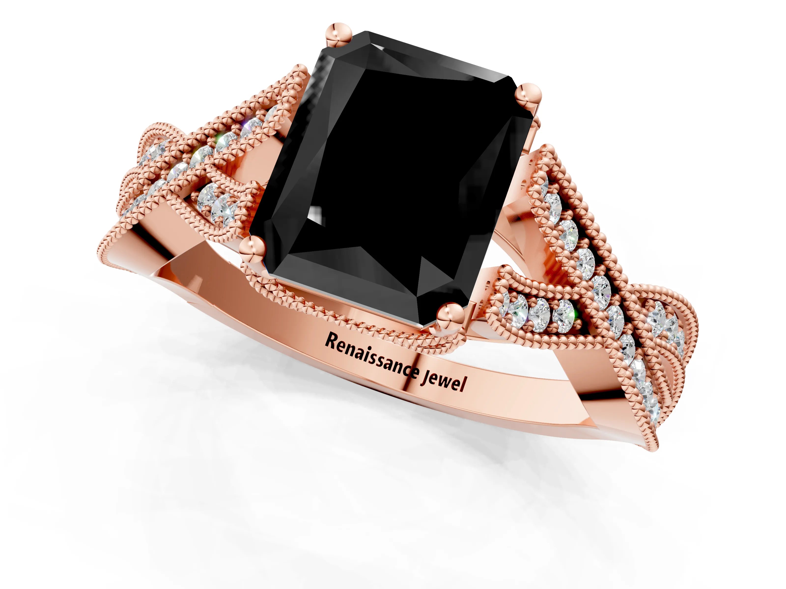 Rose gold Fancy Black Radiant Cut Cut Diamond Twisted Band with Milgrain Pave Setting and Four-Prong Setting_1