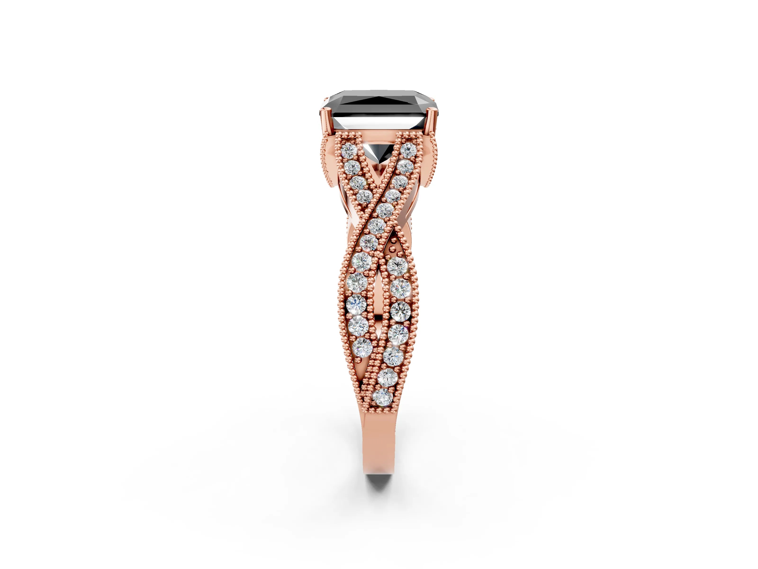 Rose gold Fancy Black Radiant Cut Cut Diamond Twisted Band with Milgrain Pave Setting and Four-Prong Setting_2