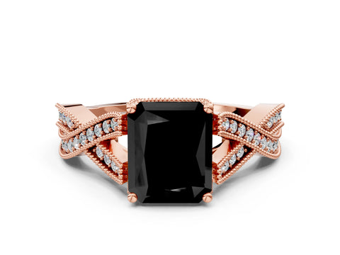 Rose gold Fancy Black Radiant Cut Cut Diamond Twisted Band with Milgrain Pave Setting and Four-Prong Setting