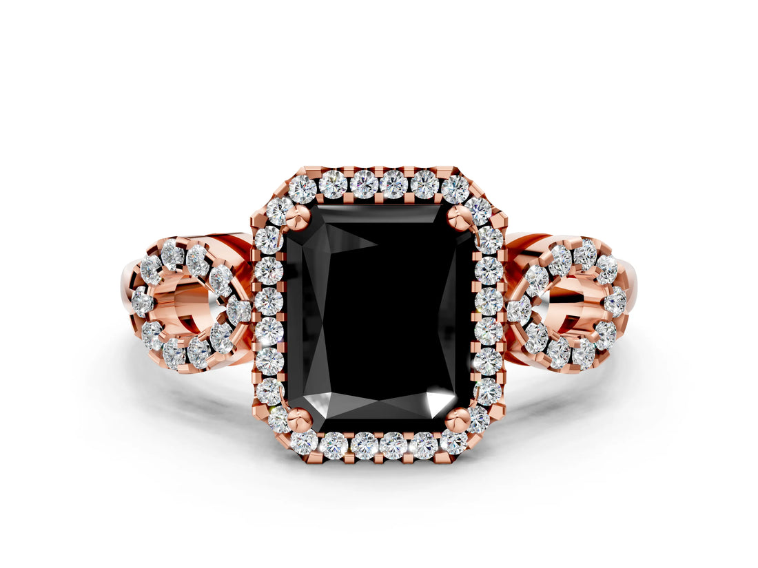 Rose gold Fancy Black Radiant Cut Cut Halo Diamond Infinity Band with Four-Prong Setting