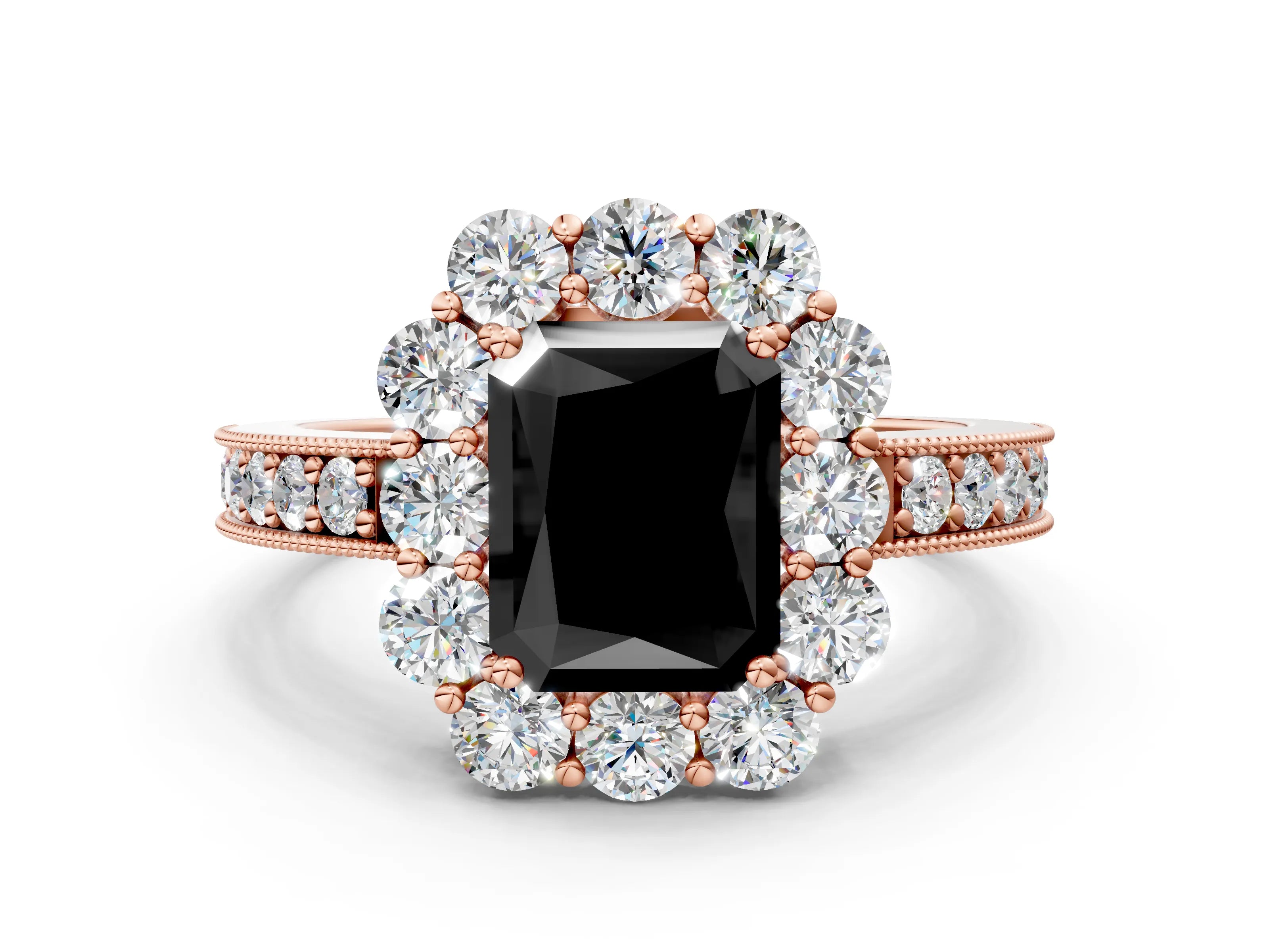 Rose gold Fancy Black Radiant Cut Cut Halo Diamond Pavé Engagement Ring with Milgrain Detailing