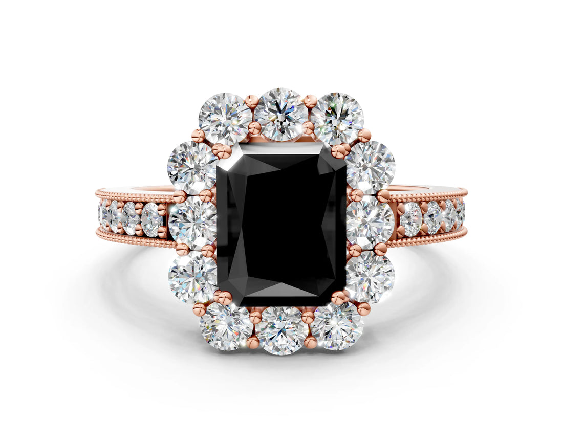 Rose gold Fancy Black Radiant Cut Cut Halo Diamond Pavé Engagement Ring with Milgrain Detailing