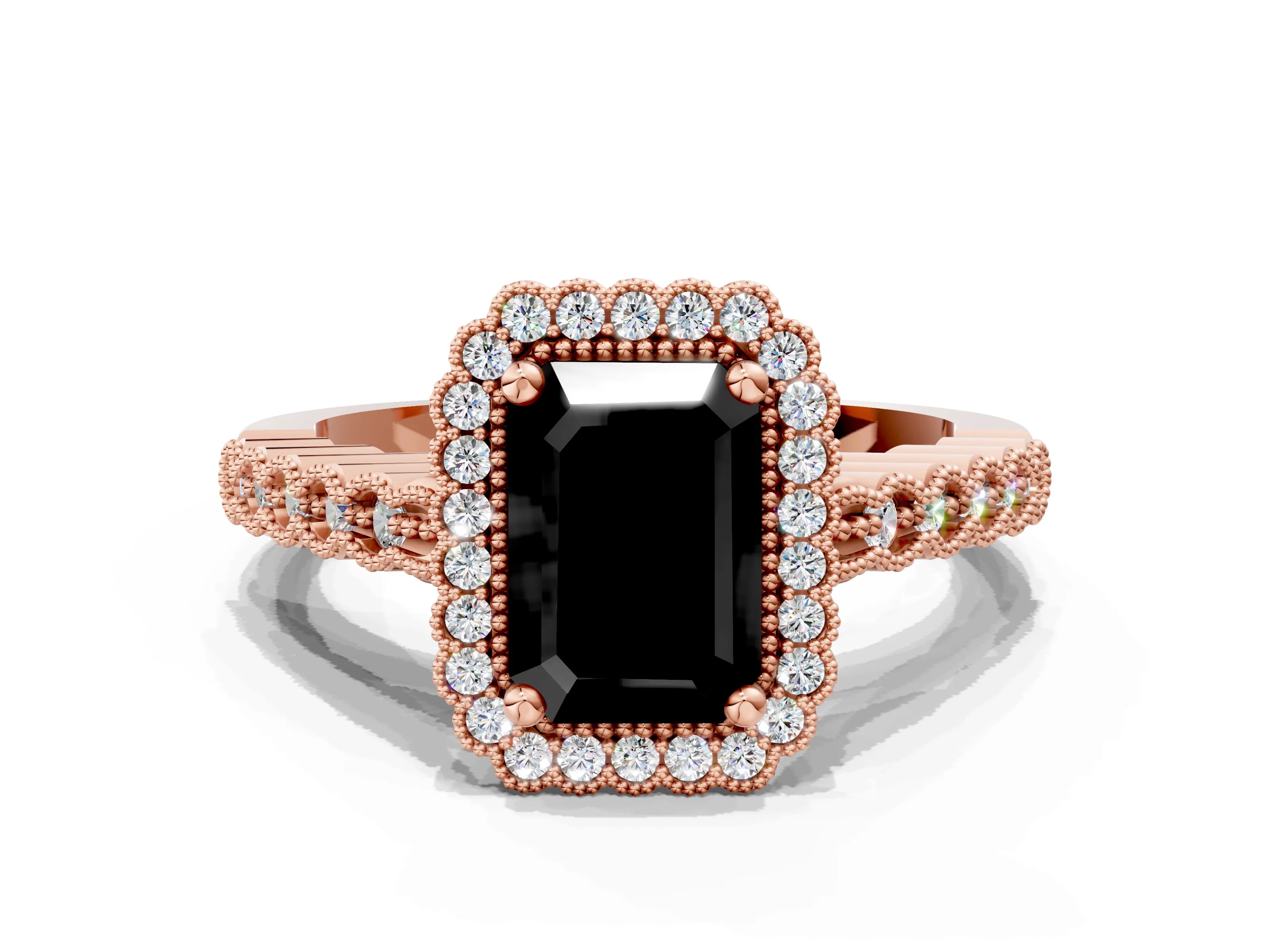 Rose gold Fancy Black Radiant Cut Cut Halo Pavé Solitaire Ring with Milgrain Band