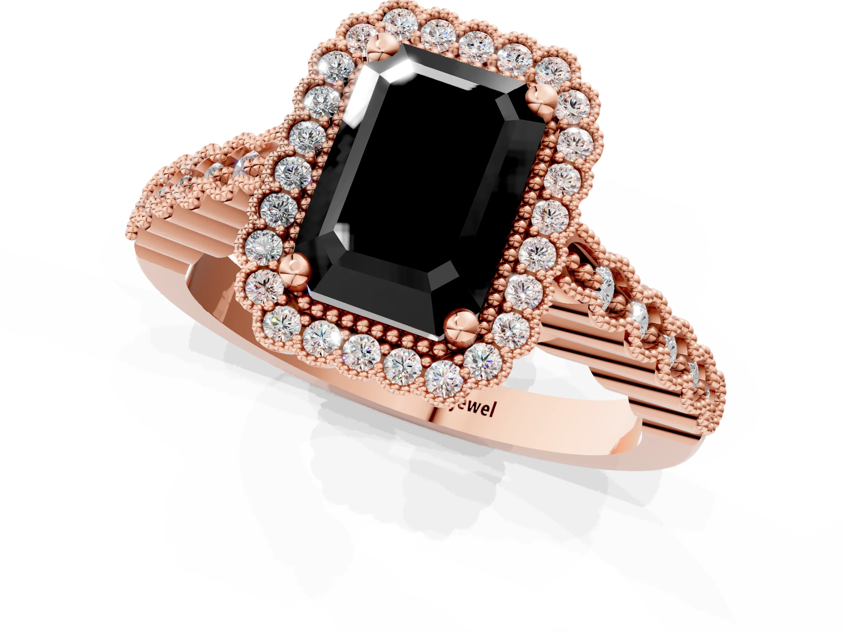 Rose gold Fancy Black Radiant Cut Cut Halo Pavé Solitaire Ring with Milgrain Band_1