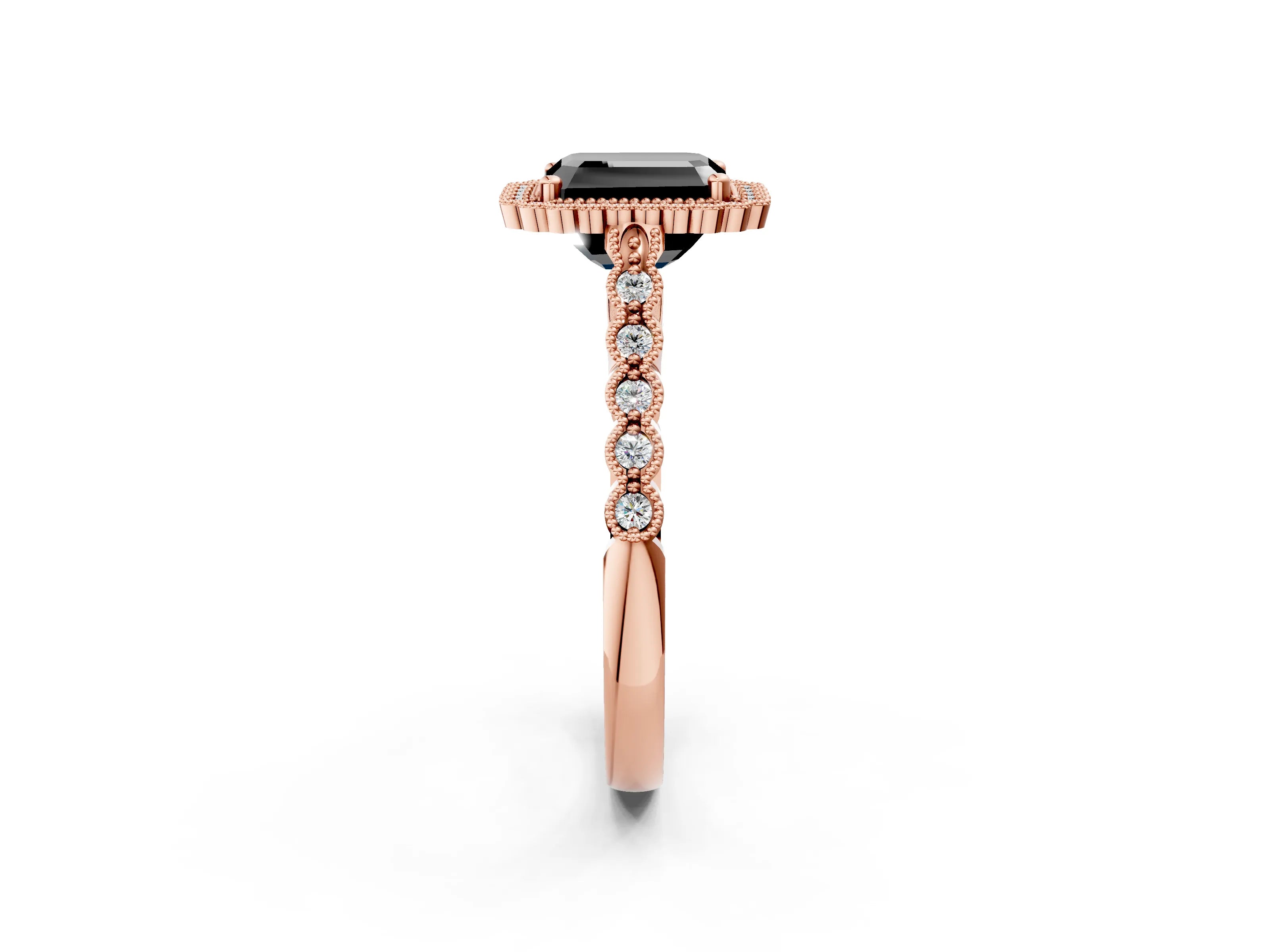 Rose gold Fancy Black Radiant Cut Cut Halo Pavé Solitaire Ring with Milgrain Band_2