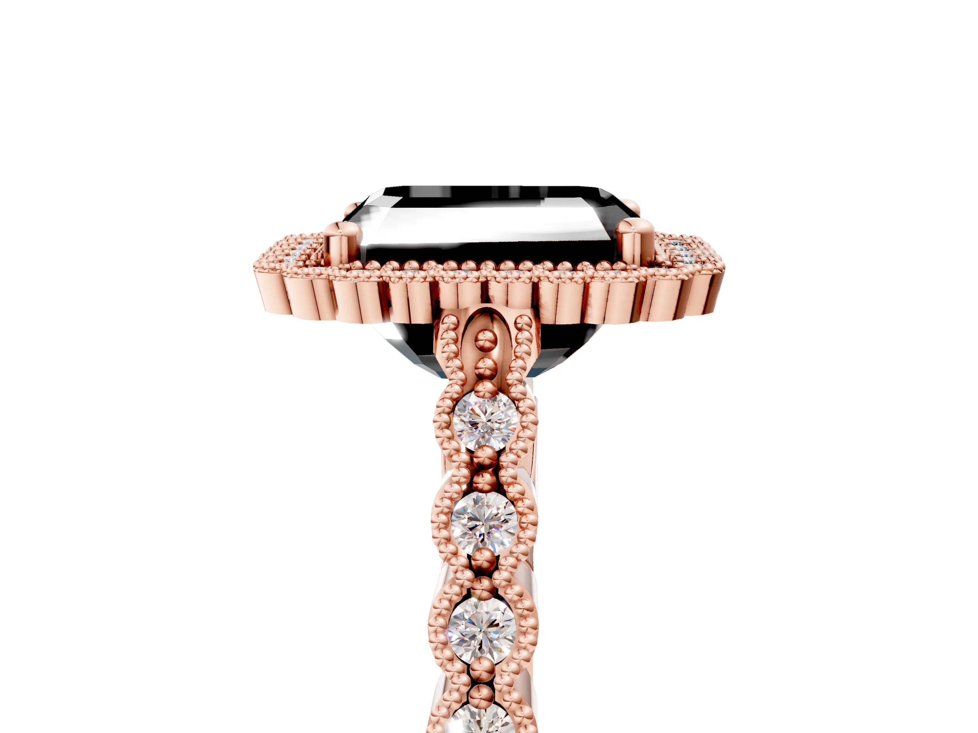 Rose gold Fancy Black Radiant Cut Cut Halo Pavé Solitaire Ring with Milgrain Band_5