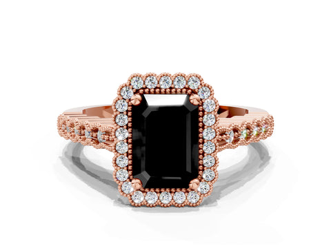Rose gold Fancy Black Radiant Cut Cut Halo Pavé Solitaire Ring with Milgrain Band