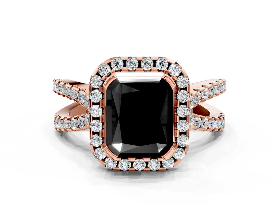 Rose gold Fancy Black Radiant Cut Cut Halo Split Shank Pave Set Ring