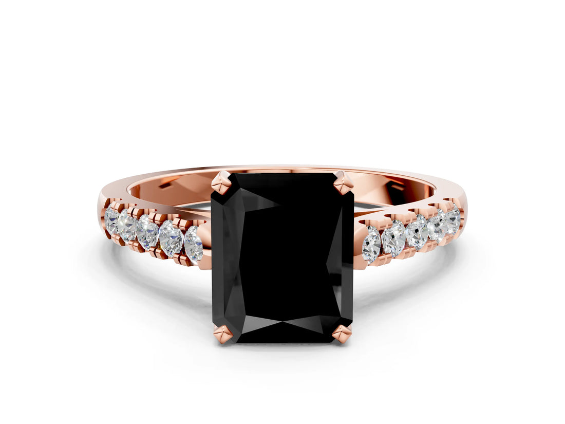 Rose gold Fancy Black Radiant Cut Cut Pavé Band Solitaire Ring with Four-Prong Setting