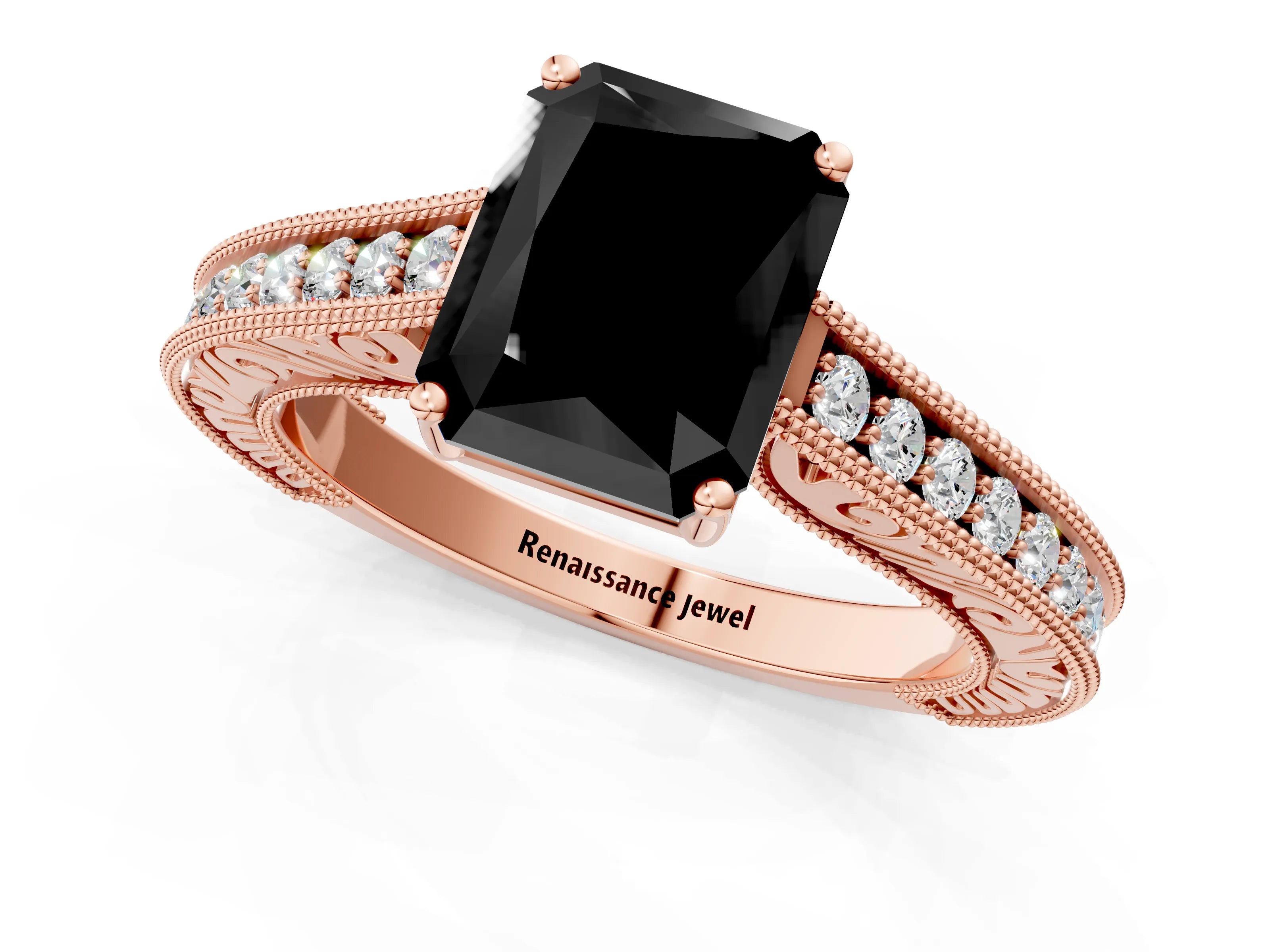 Rose gold Fancy Black Radiant Cut Cut Pave Band Milgrain Solitaire Ring_12