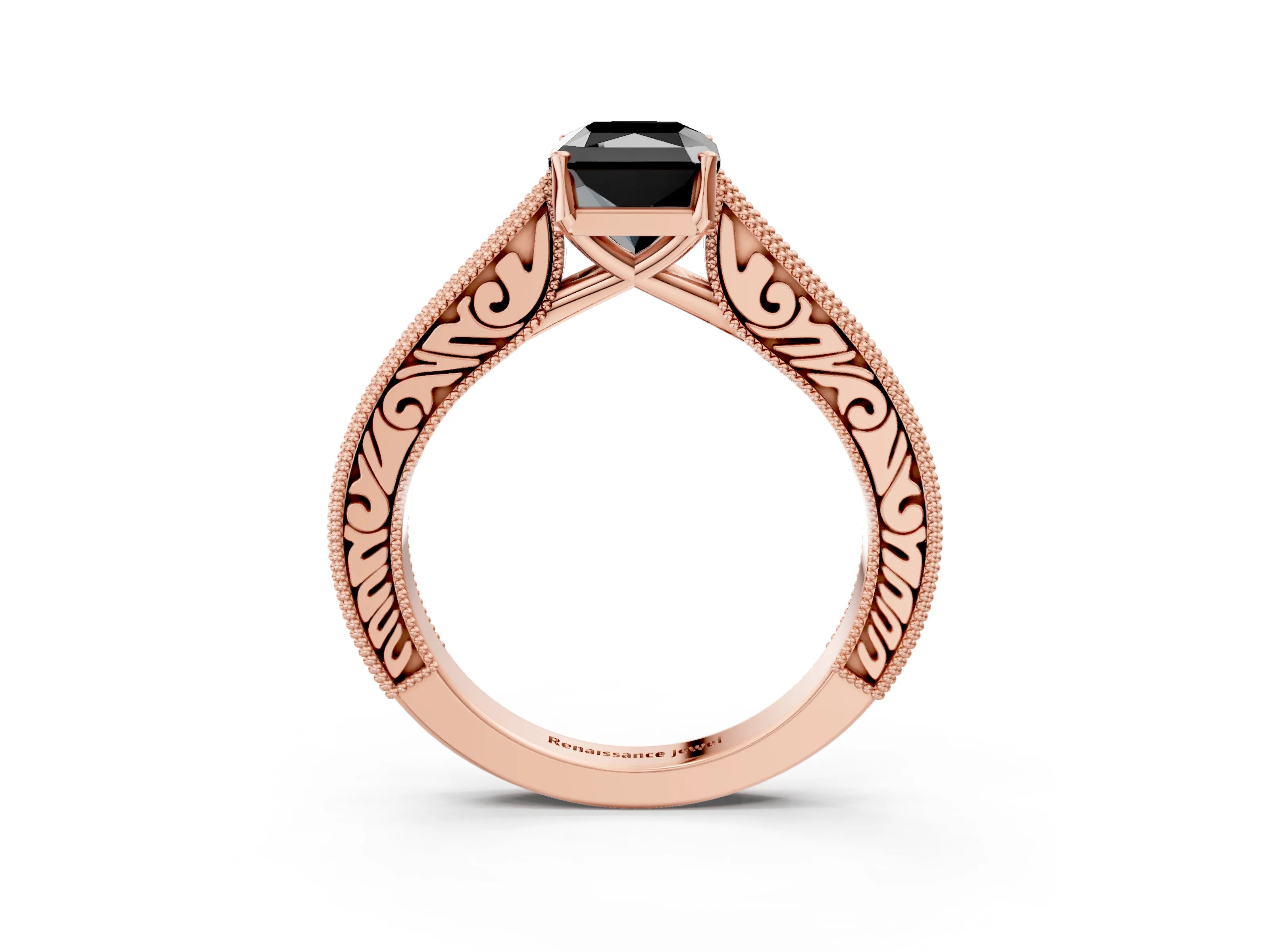 Rose gold Fancy Black Radiant Cut Cut Pave Band Milgrain Solitaire Ring_14