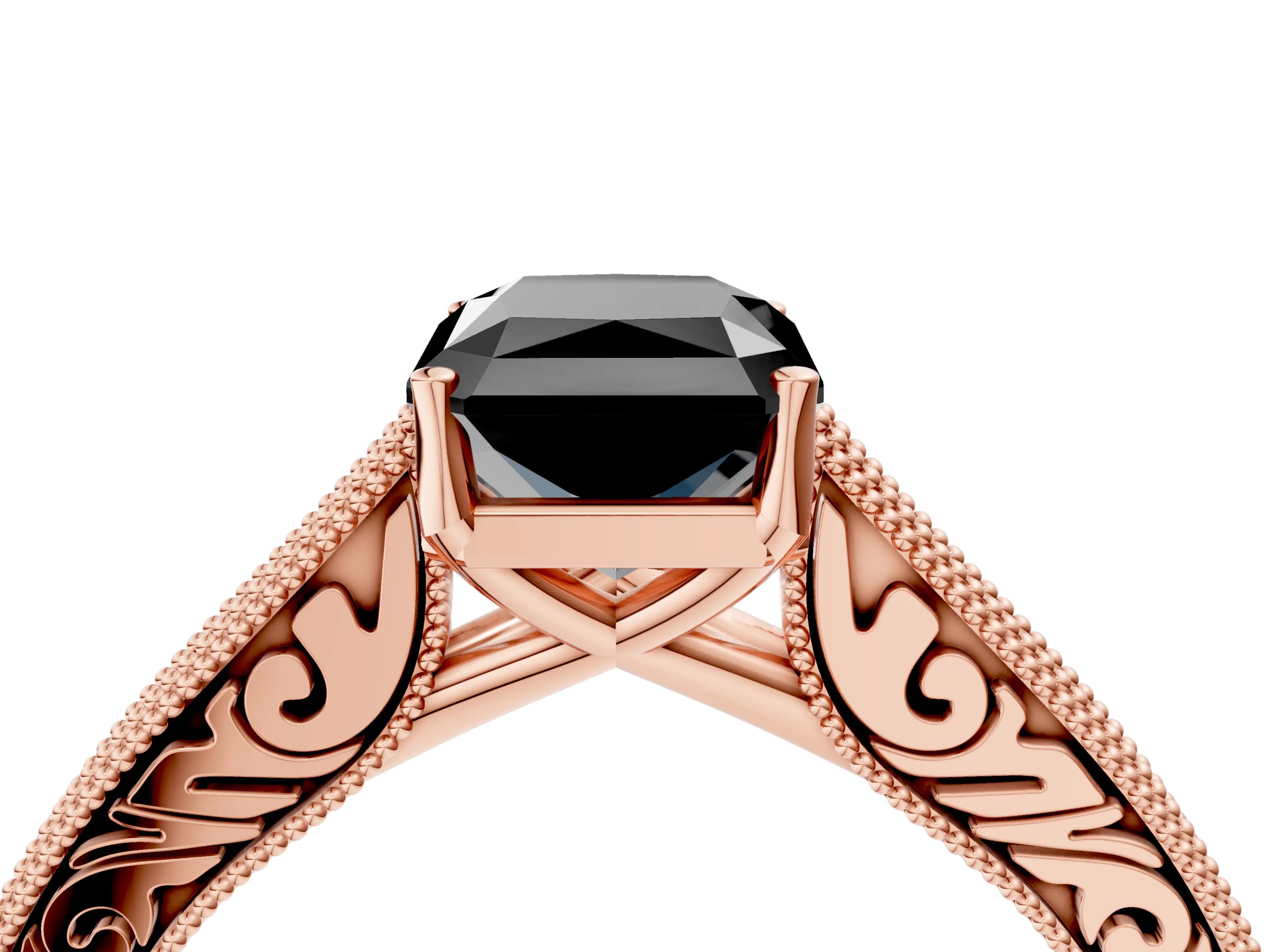 Rose gold Fancy Black Radiant Cut Cut Pave Band Milgrain Solitaire Ring_15