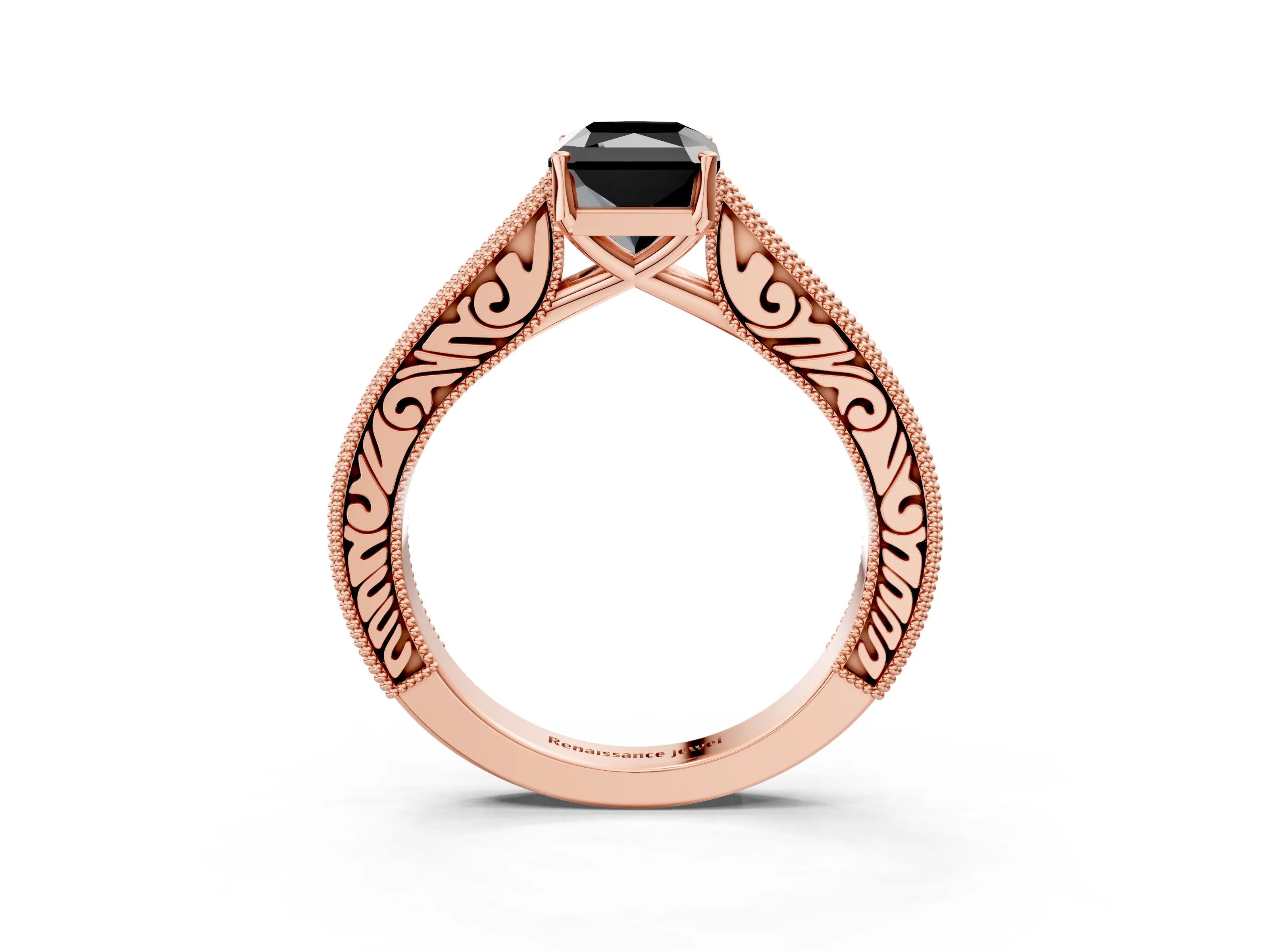 Rose gold Fancy Black Radiant Cut Cut Pave Band Milgrain Solitaire Ring_26