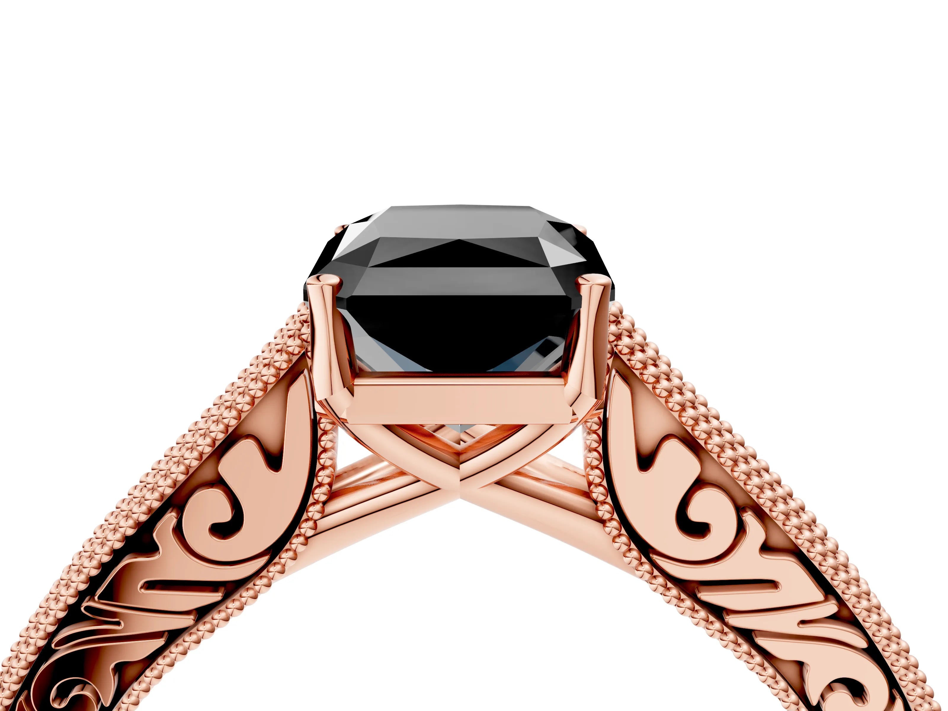 Rose gold Fancy Black Radiant Cut Cut Pave Band Milgrain Solitaire Ring_4
