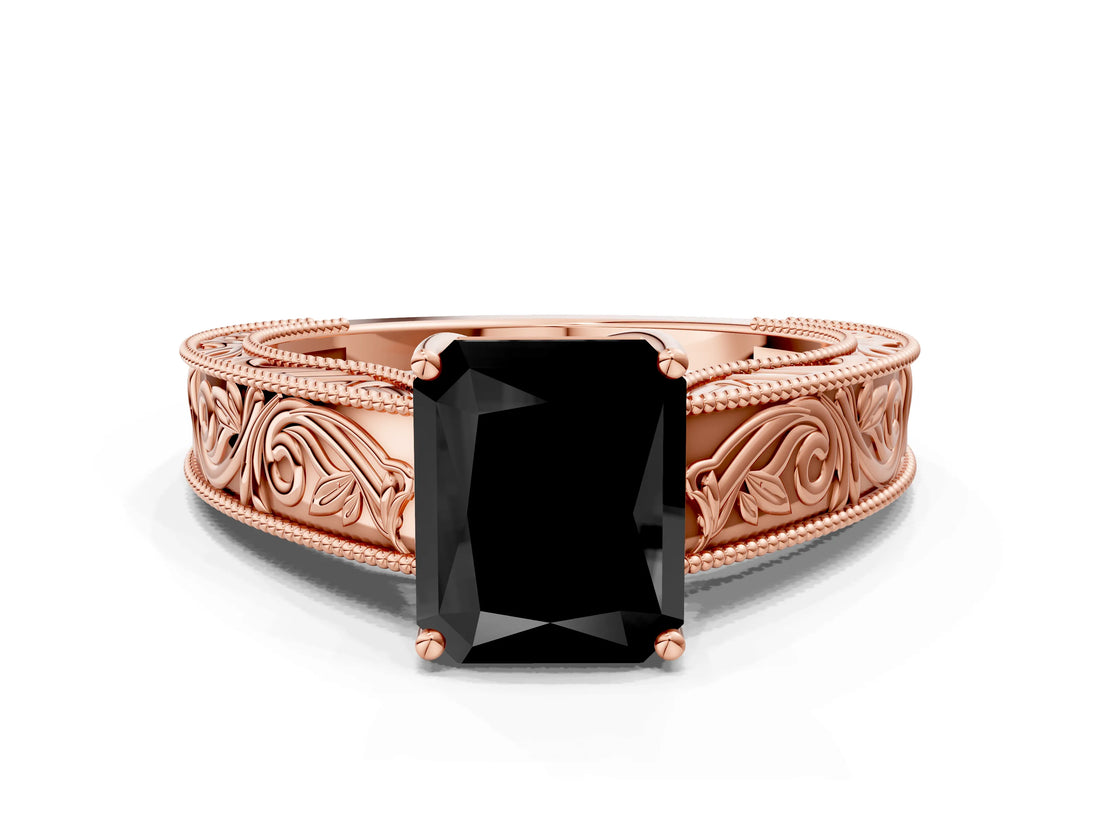 Rose gold Fancy Black Radiant Cut Cut Solitaire Engraved Band with Four-Prong Setting