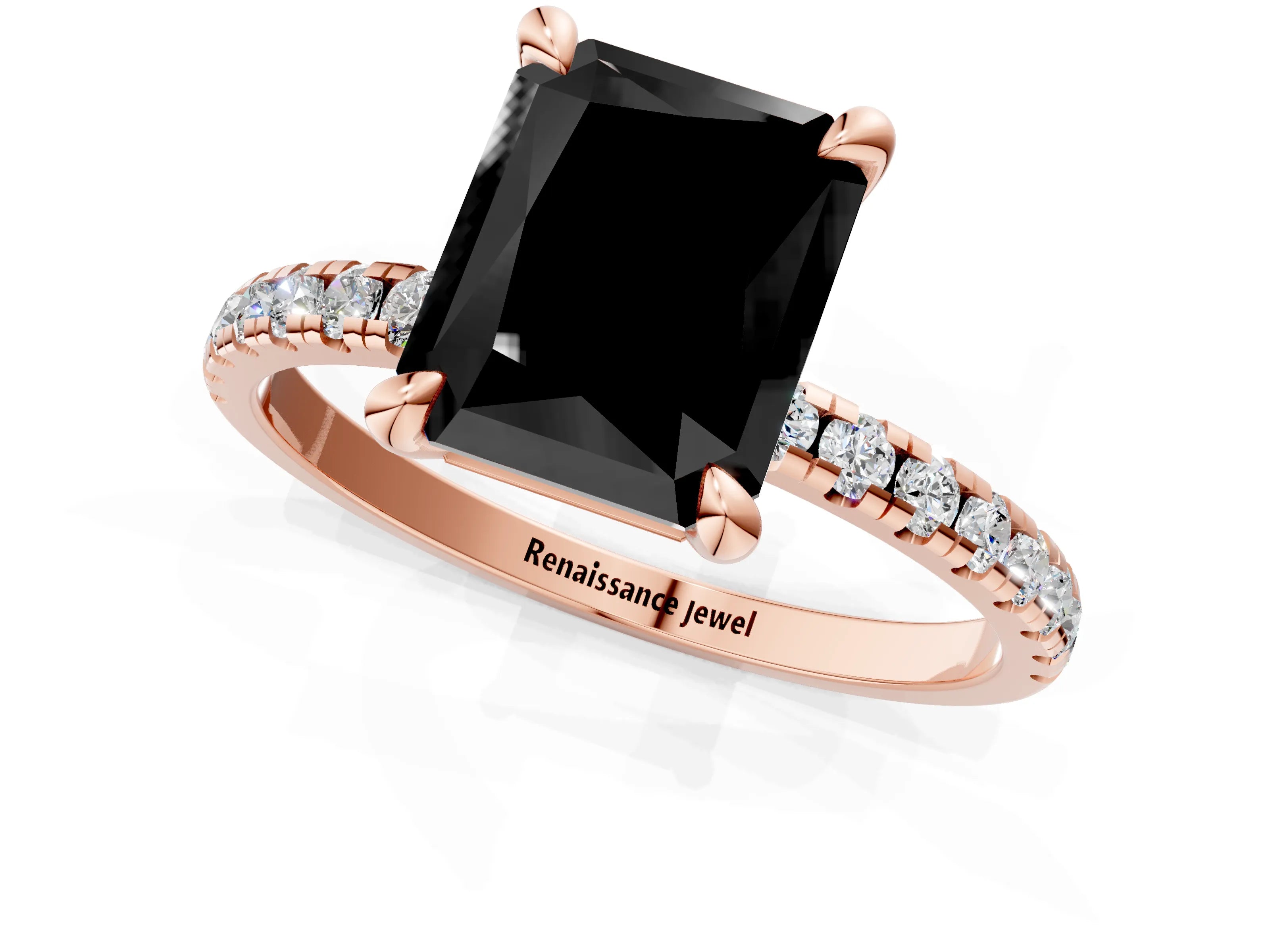 Rose gold Fancy Black Radiant Cut Diamond Brilliant Solitaire Ring with Pavé Band and Four-Prong Setting_1