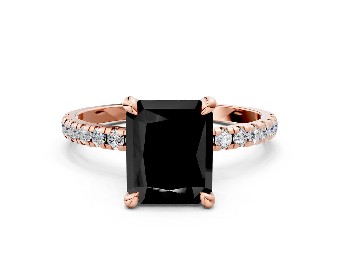 Rose gold Fancy Black Radiant Cut Diamond Brilliant Solitaire Ring with Pavé Band and Four-Prong Setting_12