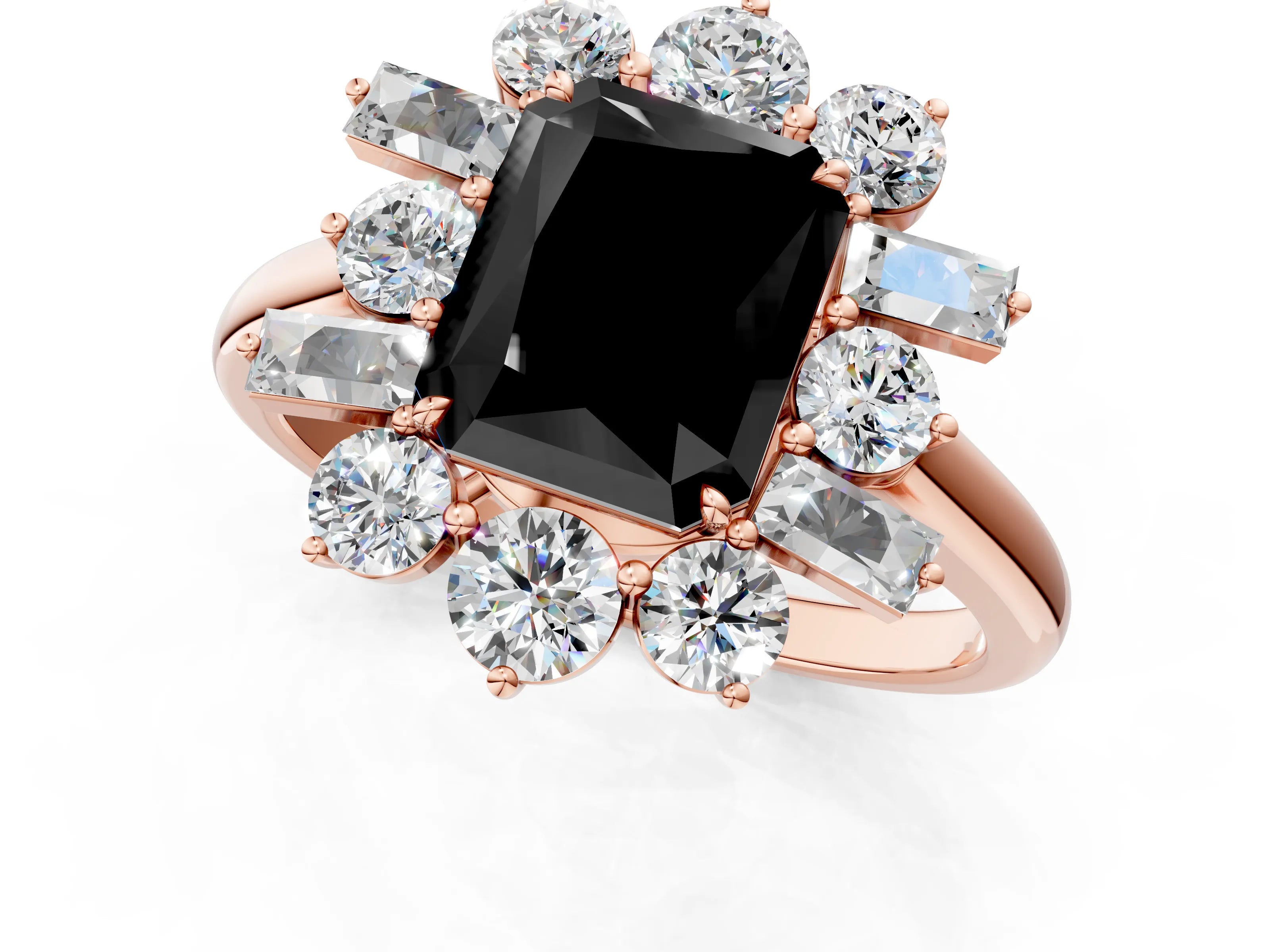 Rose gold Fancy Black Radiant Cut Diamond Cluster Ring with Round and Baguette Stones, Split Shank Band, Prong Setting_1