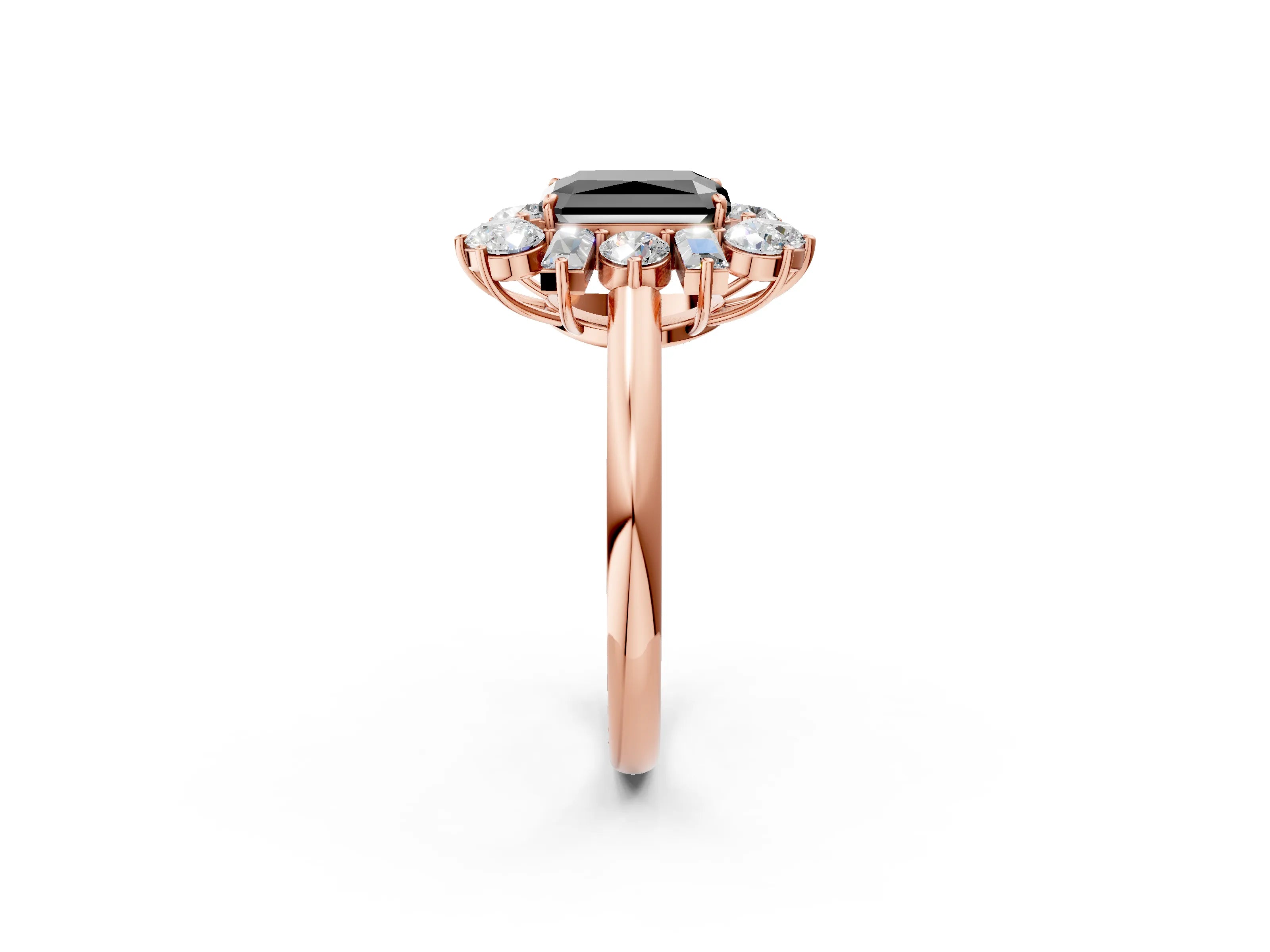 Rose gold Fancy Black Radiant Cut Diamond Cluster Ring with Round and Baguette Stones, Split Shank Band, Prong Setting_2