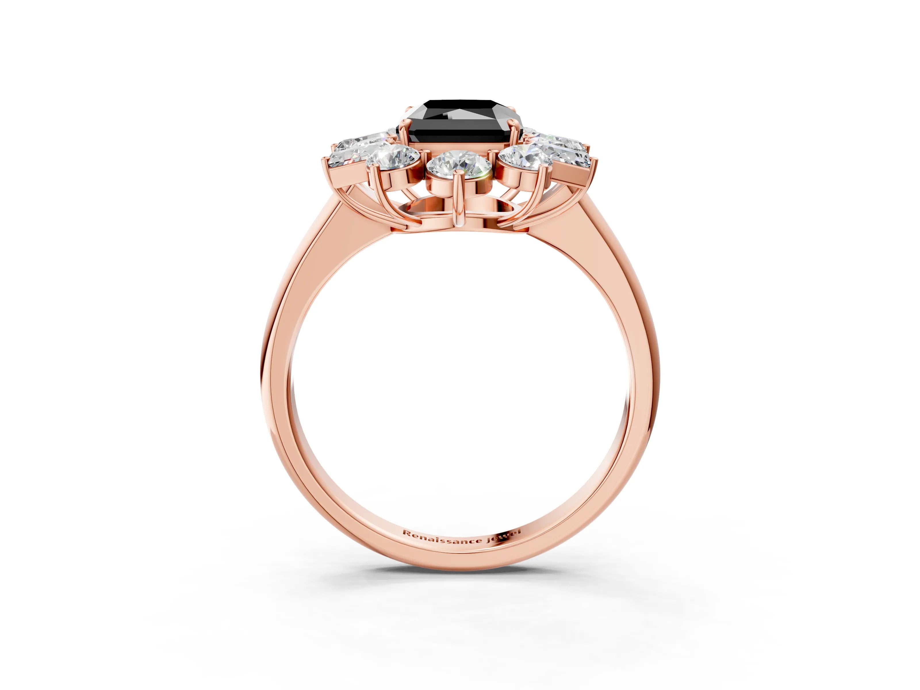 Rose gold Fancy Black Radiant Cut Diamond Cluster Ring with Round and Baguette Stones, Split Shank Band, Prong Setting_3